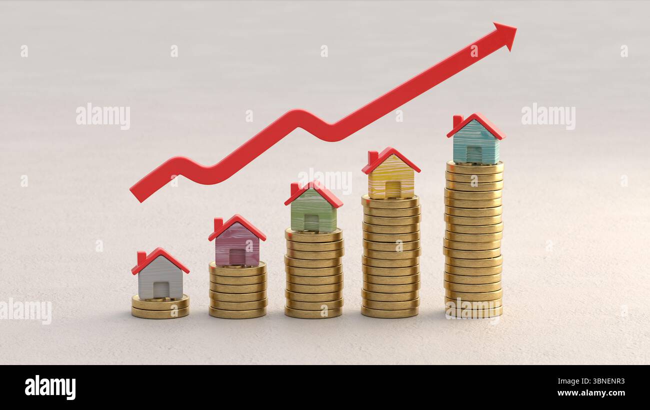 Augmentation des prix de l'immobilier et concept de marché immobilier avec des pièces empilées, de petites maisons sur le dessus et une flèche rouge vers le haut dans l'illustration 3D. Banque D'Images