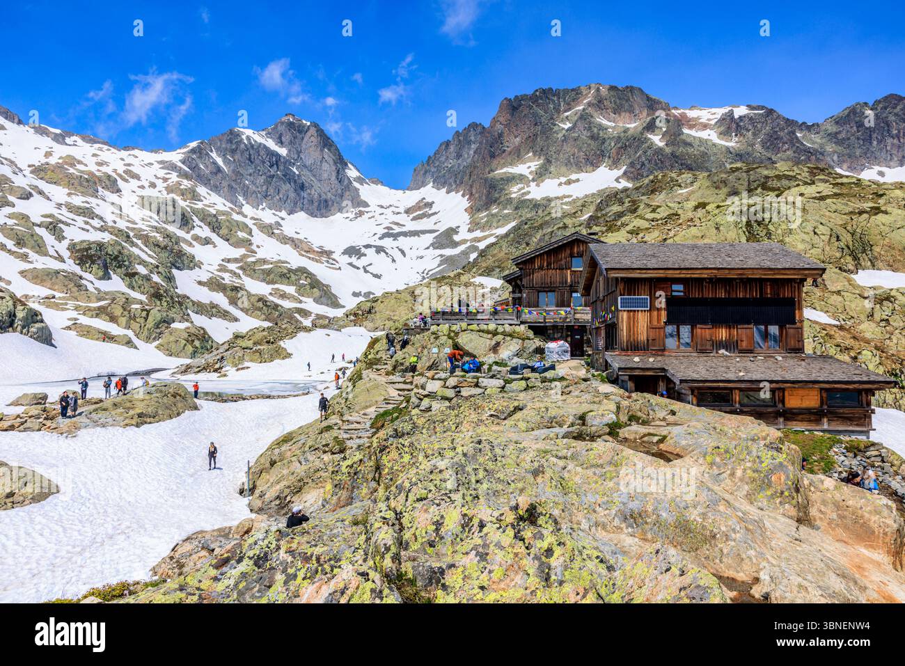 Lac Blanc et refuge du Lac Blanc, Chamonix, haute-Savoie, France Banque D'Images