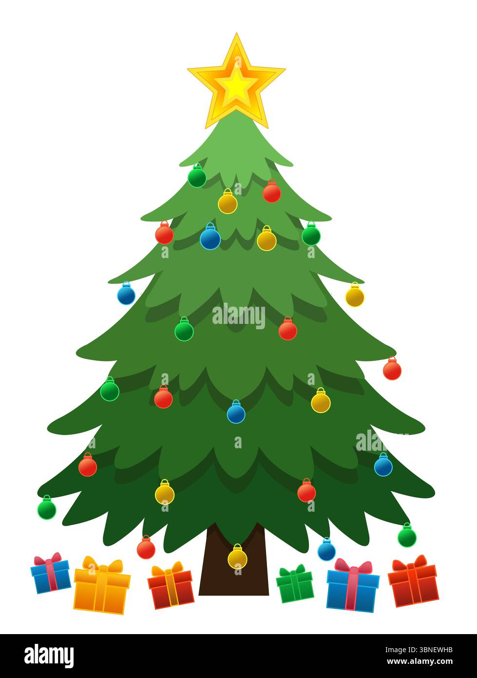 Illustration d'arbre de Noël avec des ornements colorés et Star Topper Banque D'Images