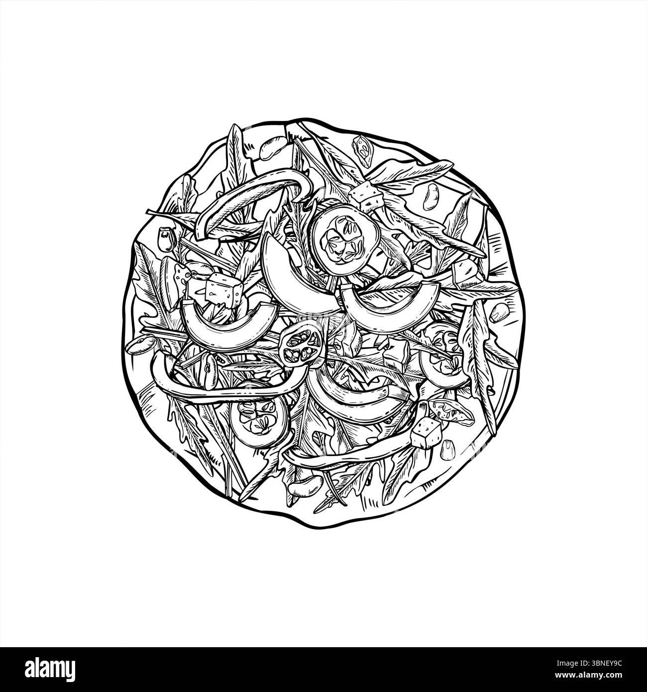 Tortilla vectorielle recouverte de roquette, de tranches d'avocat, de concombre et de poivre ligne monochrome art dessin à l'encre noire. Vue de dessus. Pizza végétalienne pour une alimentation saine Illustration de Vecteur