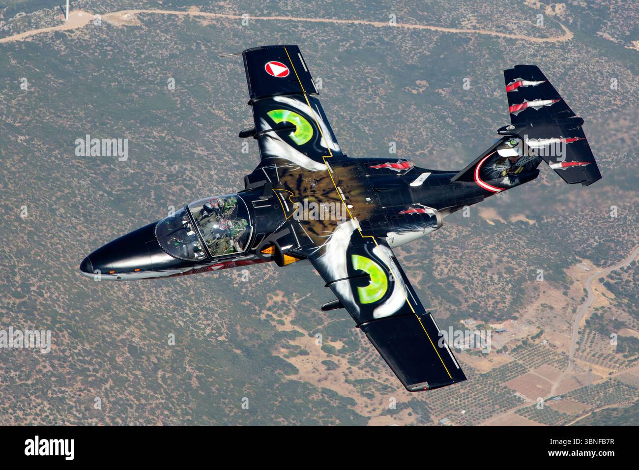 Saab 105OE GD‑14/RE‑25 de l'armée de l'air autrichienne, illustré dans la peinture de l'Association des tigres de l'OTAN au-dessus de la Grèce, mettant en évidence les marquages de l'extrémité des ailes, les bandes du fuselage et la configuration à deux réacteurs en vol à basse altitude. Banque D'Images