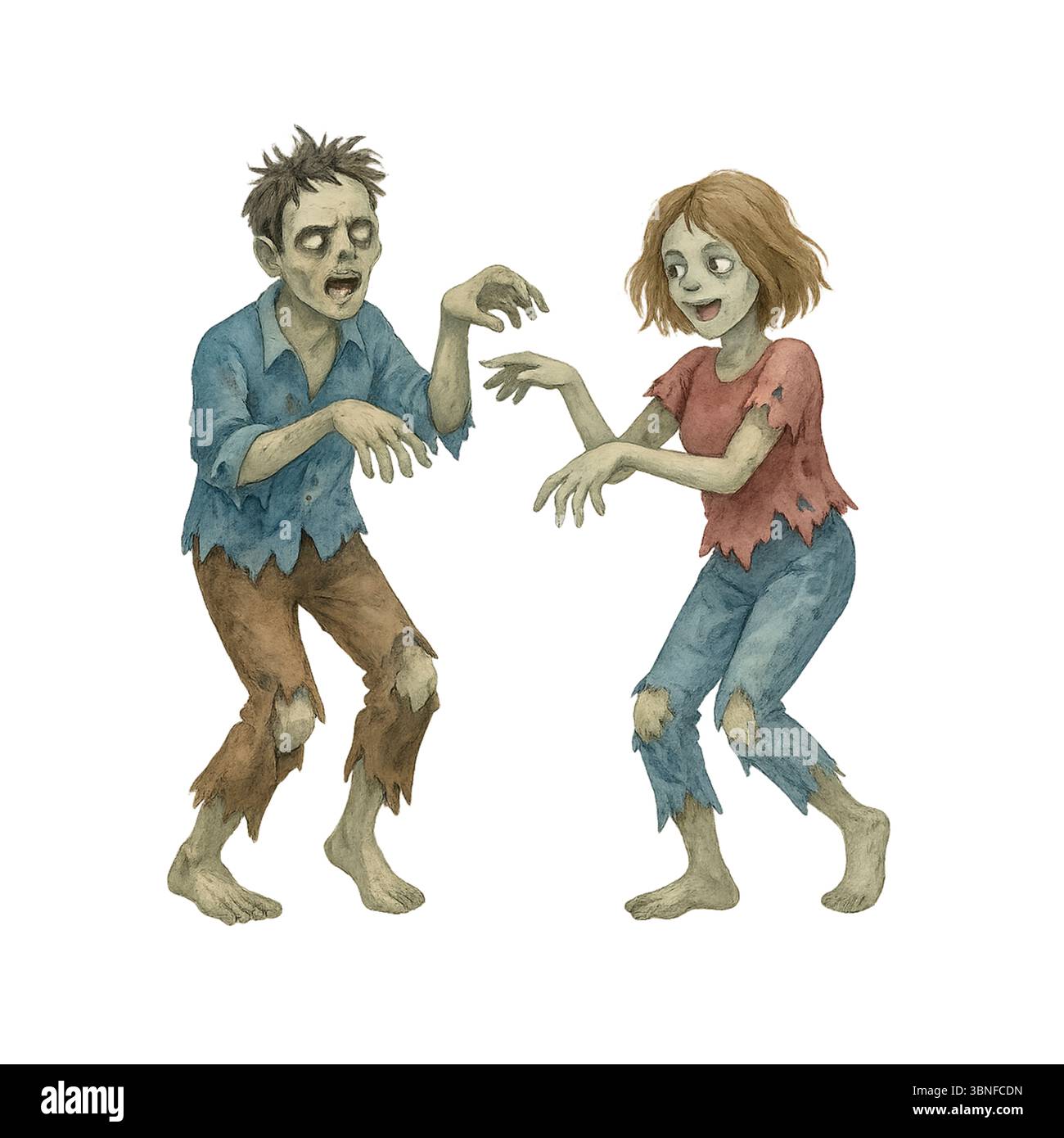 Cute Zombie couple Dancing – Aquarelle Halloween illustration Banque D'Images