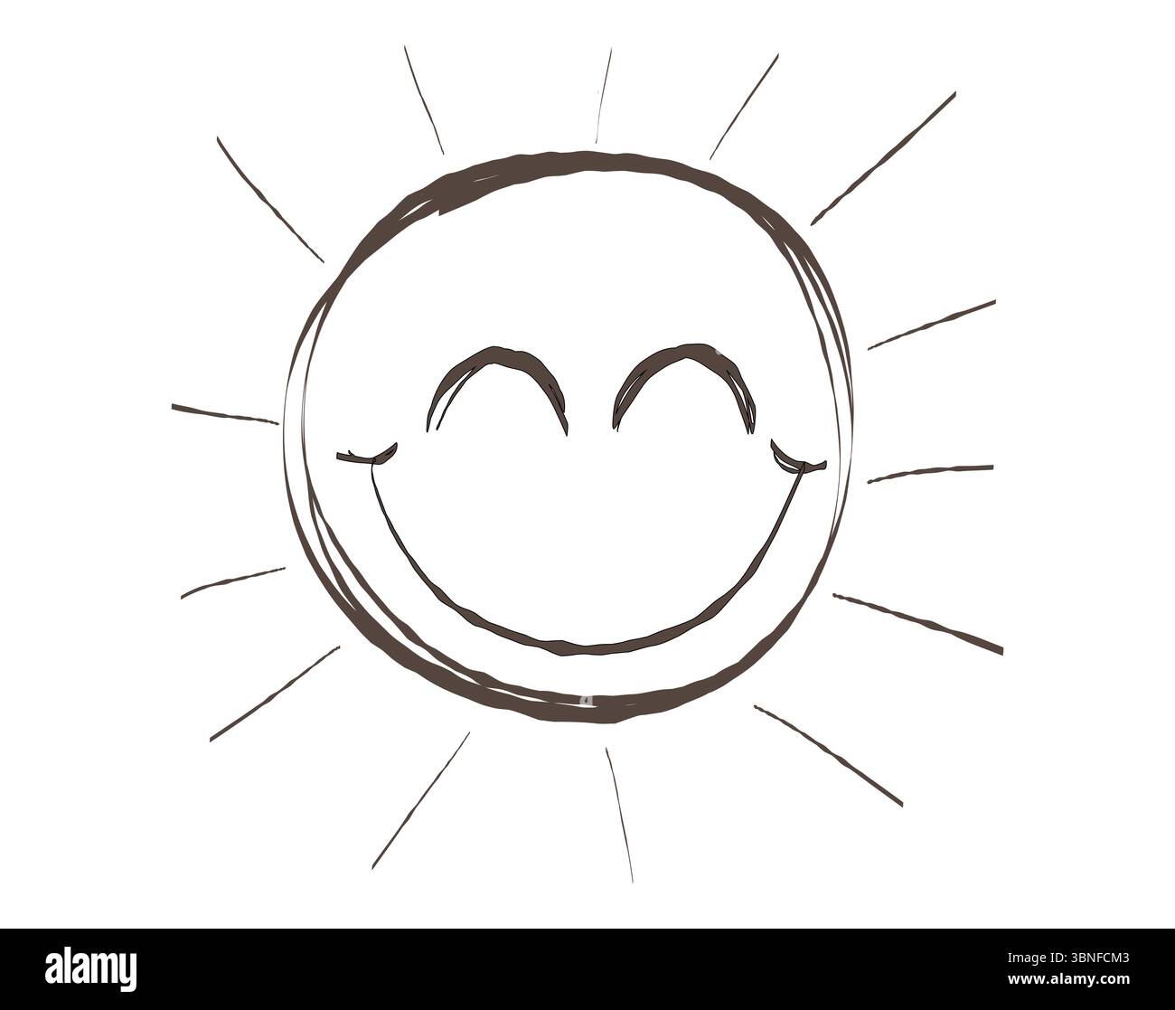 Soleil de dessin animé joyeuse dessiné à la main avec les yeux fermés et un sourire radieux. Illustration vectorielle de caractère rayonne de chaleur et de positivité conception météorologique e Banque D'Images