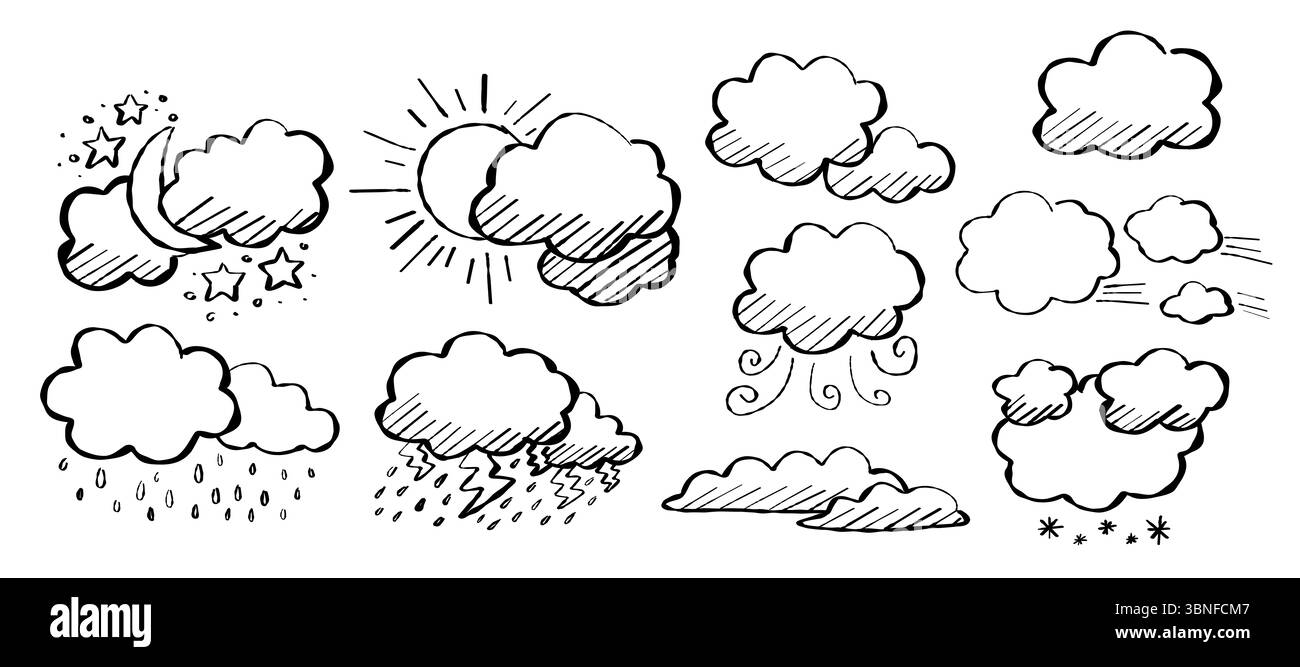 Collection de nuages de style rétro cartoon représentant diverses conditions météorologiques telles que la neige, la pluie et le vent. Éléments de symboles dessinés à la main pour l'éducation, Banque D'Images