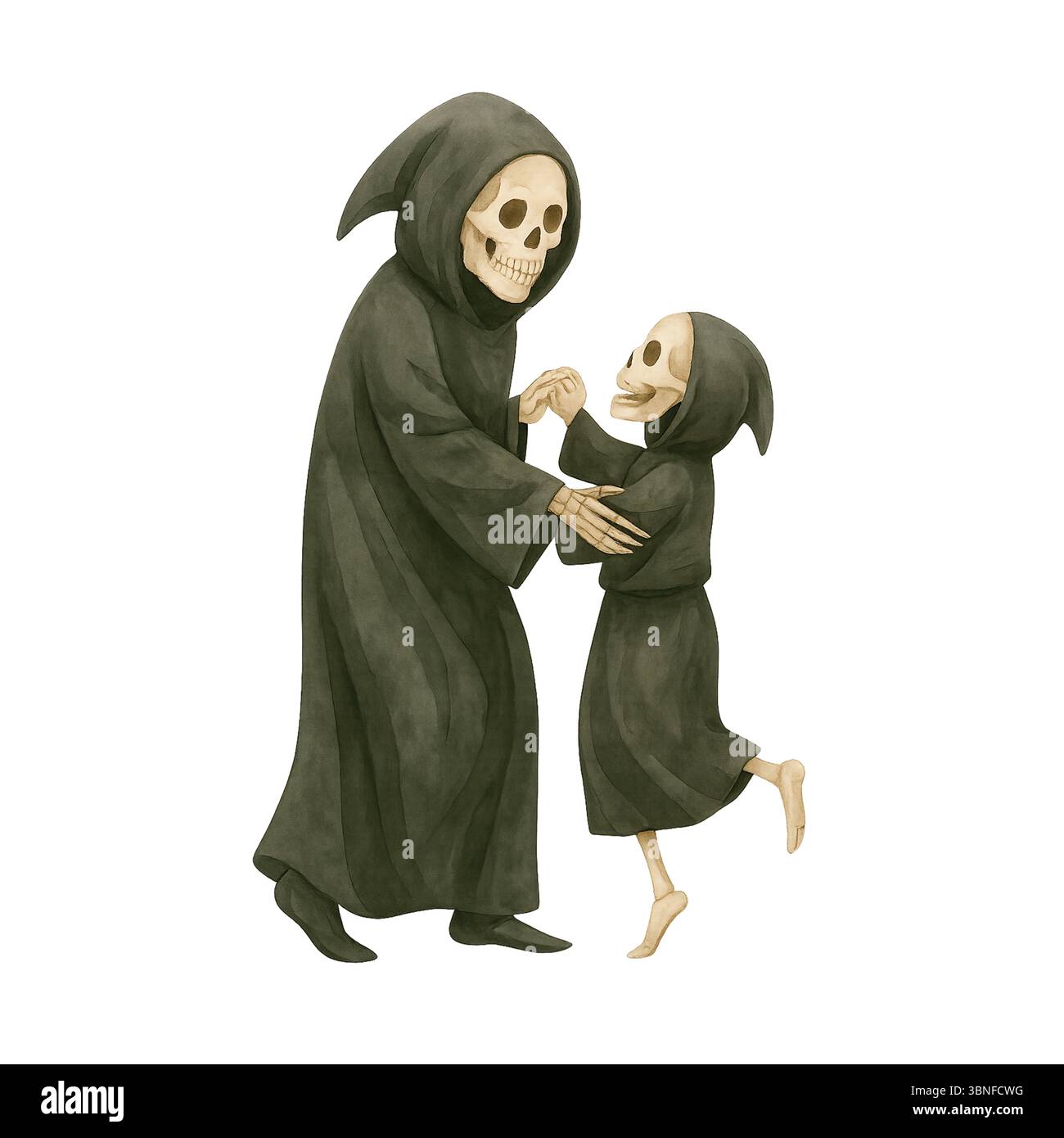 Mignon Grim Reaper dansant avec le squelette d'enfant - Halloween Art Banque D'Images