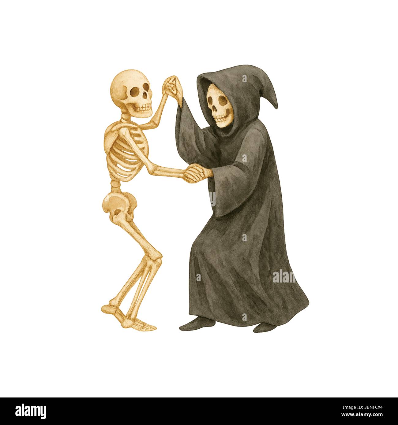 Grim Reaper Dancing with Skeleton – Halloween Aquarelle illustration Banque D'Images