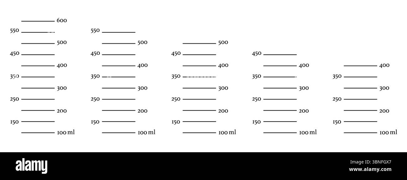 Jeu de balances 600, 550, 500, 450, 400 ml de volume de liquide. Mesure millilitres tasse, pichet à la préparation de la cuisson. Modèle graphique isolé sur blanc Illustration de Vecteur