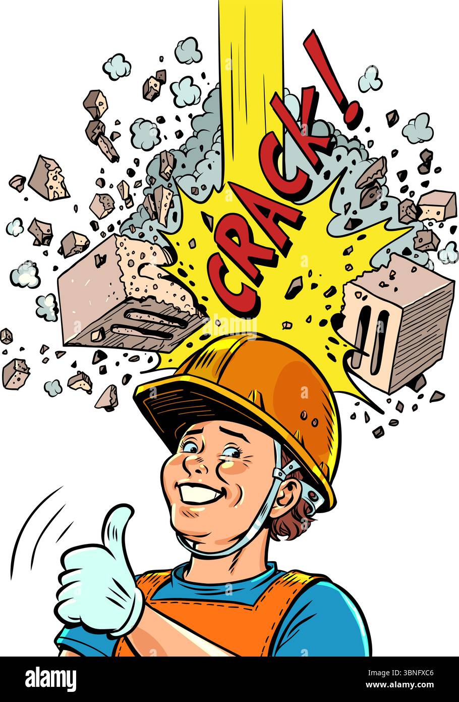 Casque sauve le travailleur de la brique. Sécurité dans les entreprises et les chantiers de construction. Protection fiable contre les problèmes inattendus. Bande dessinée pop art retr Illustration de Vecteur