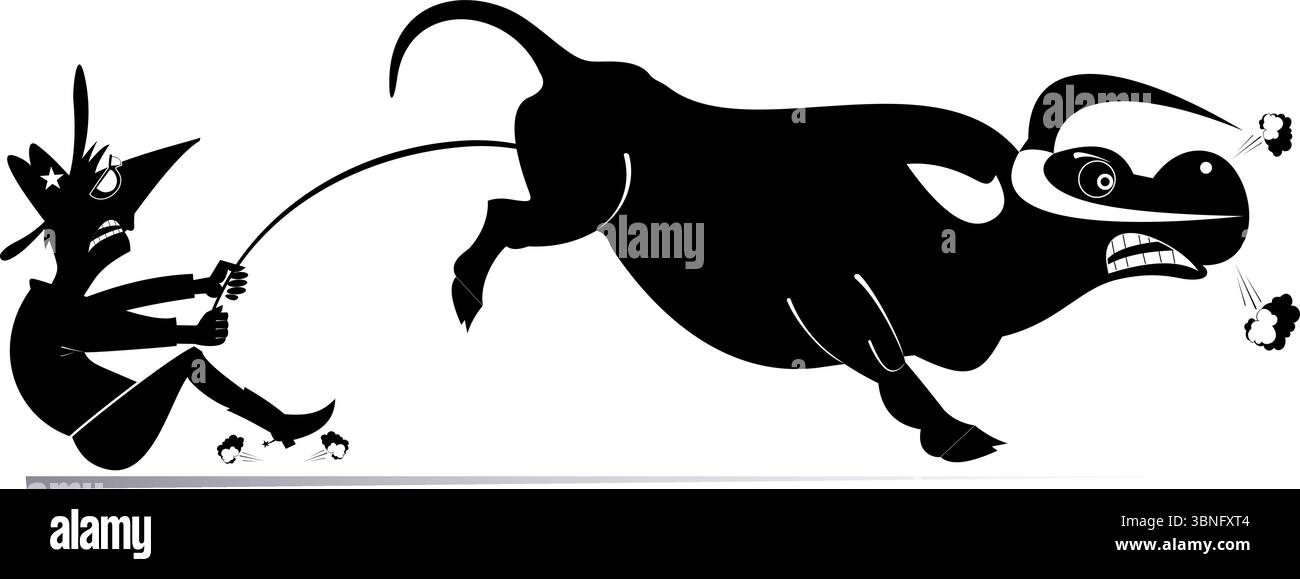 Rodéo. Fermier ou cow-boy. Taureau en colère. Fermier ou cow-boy essayant de tenir un taureau en colère. Illustration en noir et blanc Illustration de Vecteur