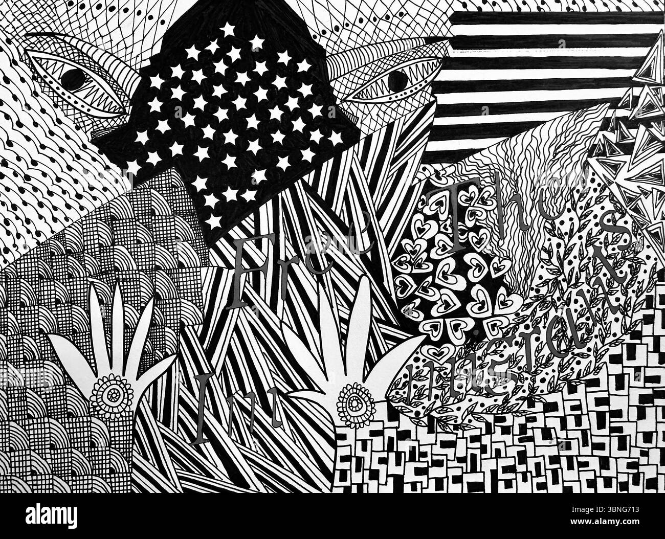 Noir et blanc doodle à l'encre sur papier Libérez les immigrants. - Image de stock capturée avec un smartphone
