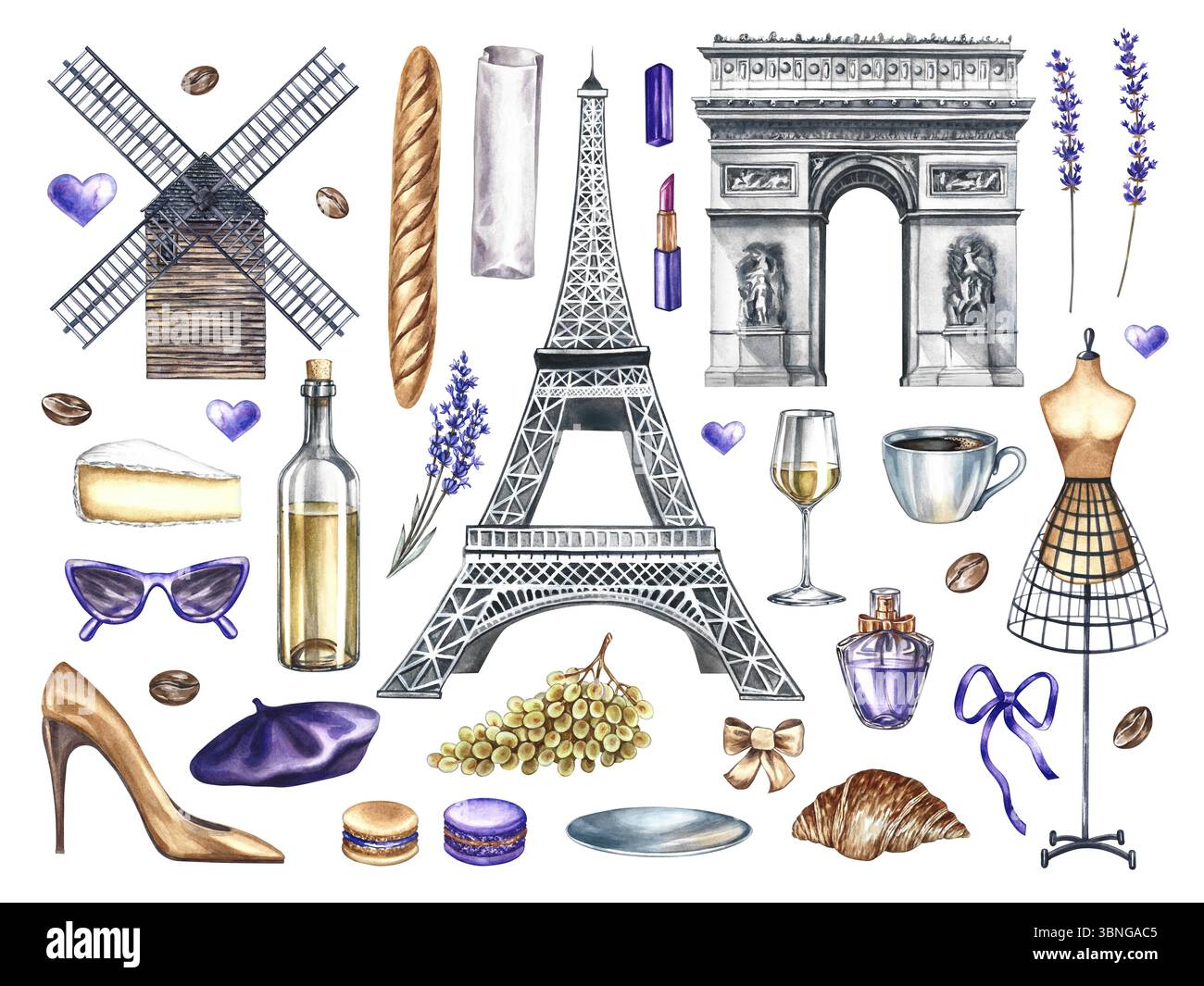 Un ensemble d'éléments de la culture française. Illustrations aquarelles dessinées à la main. Images des monuments parisiens, de la gastronomie et de la mode. Éléments clip art séparés Banque D'Images