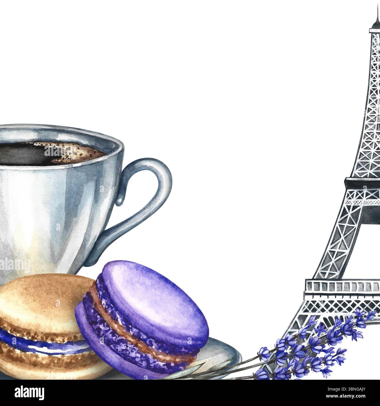 Cadre et image d'une tasse à café, de biscuits aux macarons et aux amandes et de la Tour Eiffel. Illustration d'aquarelle dessinée à la main. Gabarit carré. Cuisine française Banque D'Images