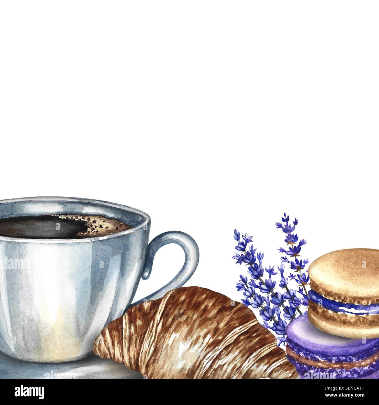 Encadrer avec une photo d'une tasse de café, des biscuits aux amandes et des croissants. Illustration d'aquarelle dessinée à la main. Cuisine française. Pour emballage, cartes postales Banque D'Images