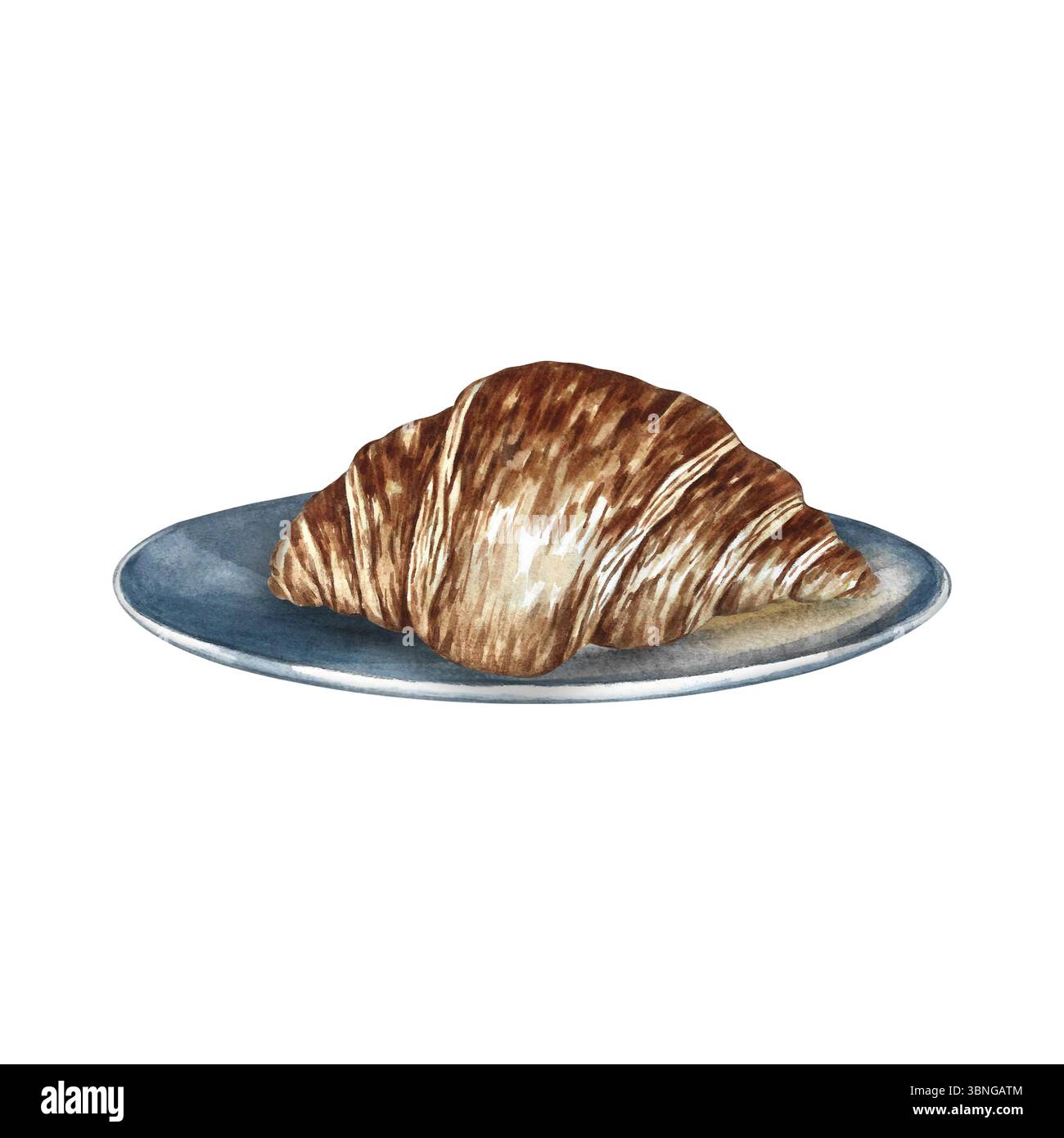 Croissant sur une soucoupe. Pâtisserie française. Illustration d'aquarelle dessinée à la main. Isoler. Image couleur. Pâte feuilletée en forme de croissant. Pour le menu et la recette Banque D'Images