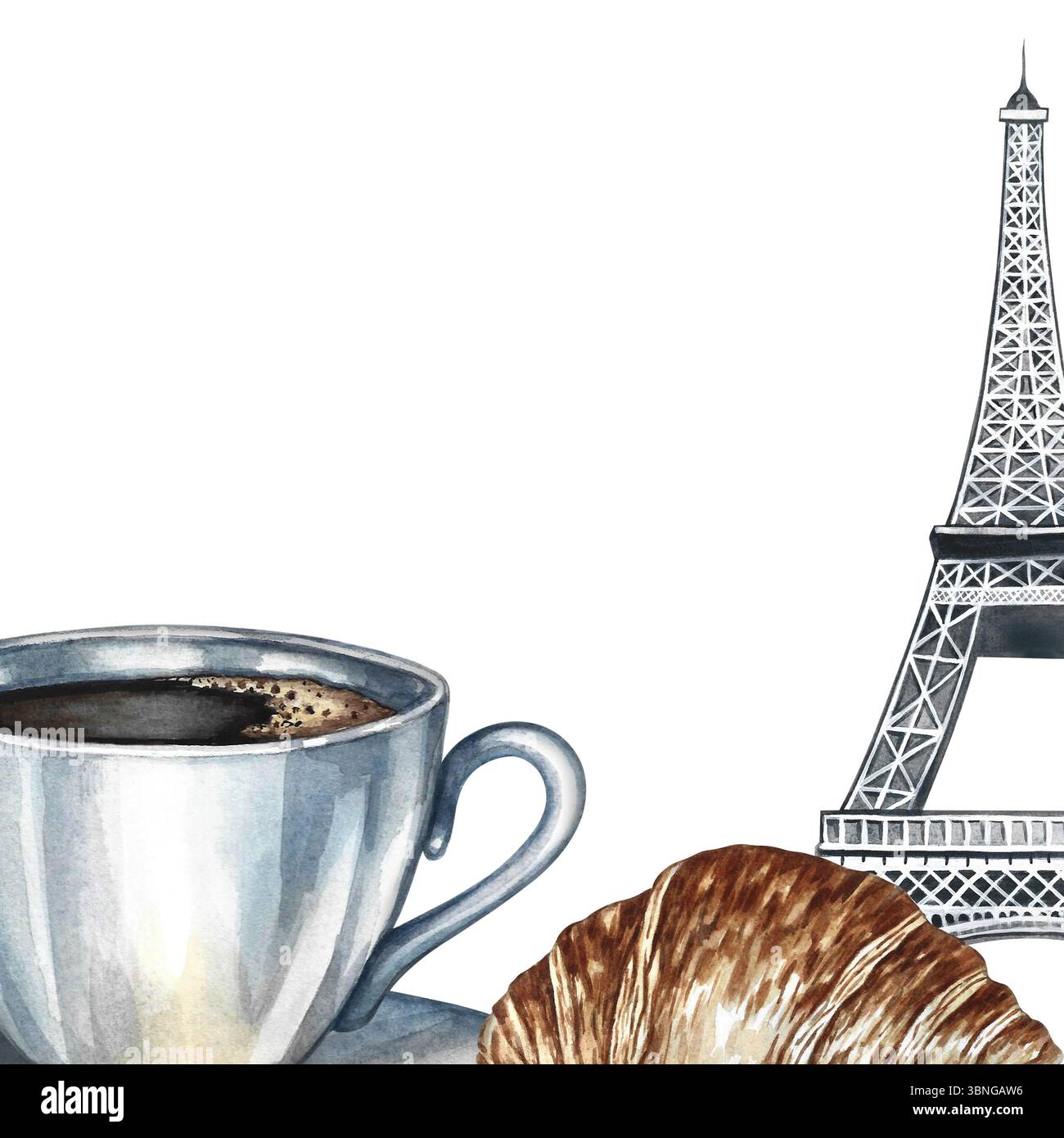 Cadre. Une tasse de café, un croissant et la Tour Eiffel. Illustration d'aquarelle dessinée à la main. Isolation. Image couleur. Pour l'emballage, les logos et Banque D'Images