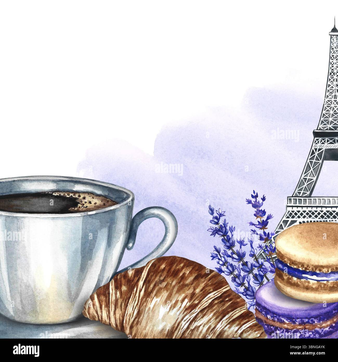 Un cadre avec une photo d'une tasse de café, des biscuits aux amandes, des croissants et la Tour Eiffel. Illustration d'aquarelle dessinée à la main. Cuisine française. Pour Banque D'Images