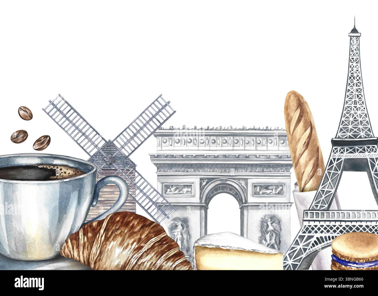 Un cadre avec des images de monuments parisiens et de nourriture. Illustration d'aquarelle dessinée à la main. Baguette, fromage, croissant, biscuit aux amandes et tasse de café Banque D'Images