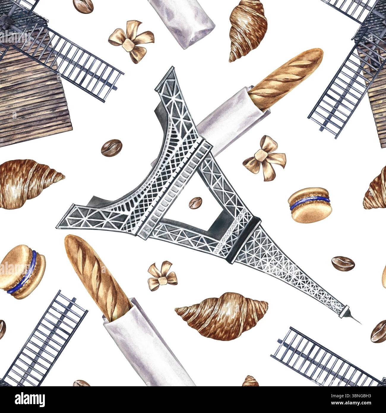 Motif sans couture avec des pâtisseries françaises. Illustration d'aquarelle dessinée à la main. Baguette française, biscuit aux amandes, croissant, Tour Eiffel et mill. Pour Banque D'Images