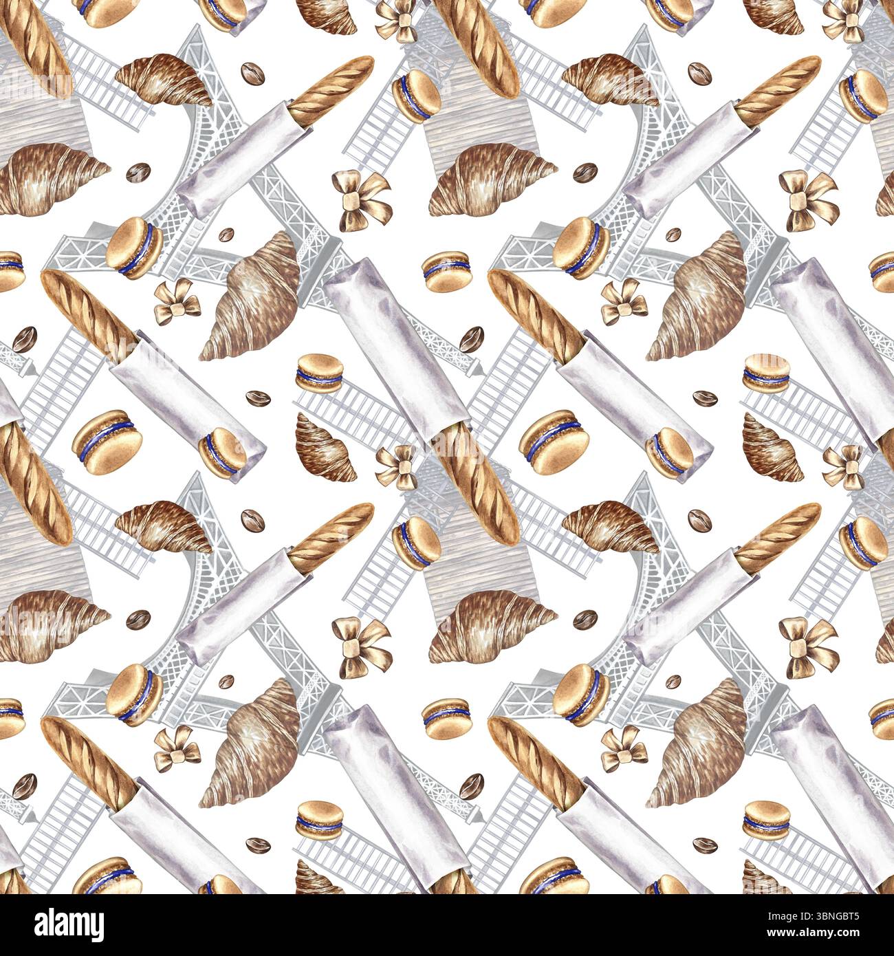 Motif sans couture avec des pâtisseries françaises. Illustration d'aquarelle dessinée à la main. Baguette française, biscuit aux amandes, croissant, Tour Eiffel et mill. Pour Banque D'Images
