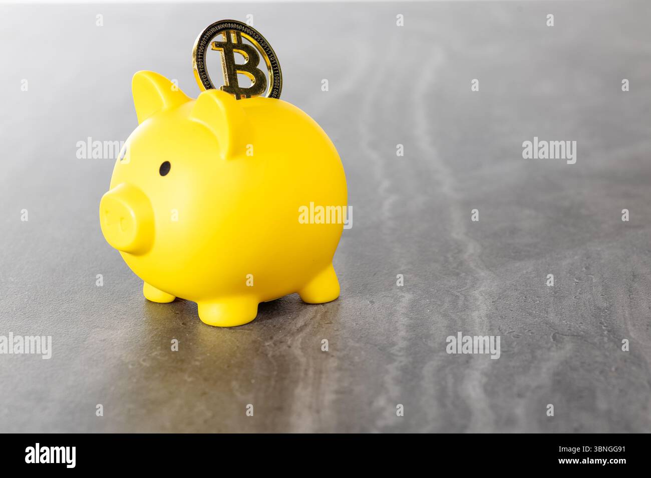 Une tirelire jaune dynamique détient une pièce Bitcoin, illustrant les tendances modernes en matière d'investissement. Parfait pour les conceptions à thème financier, les concepts de crypto-monnaie Banque D'Images
