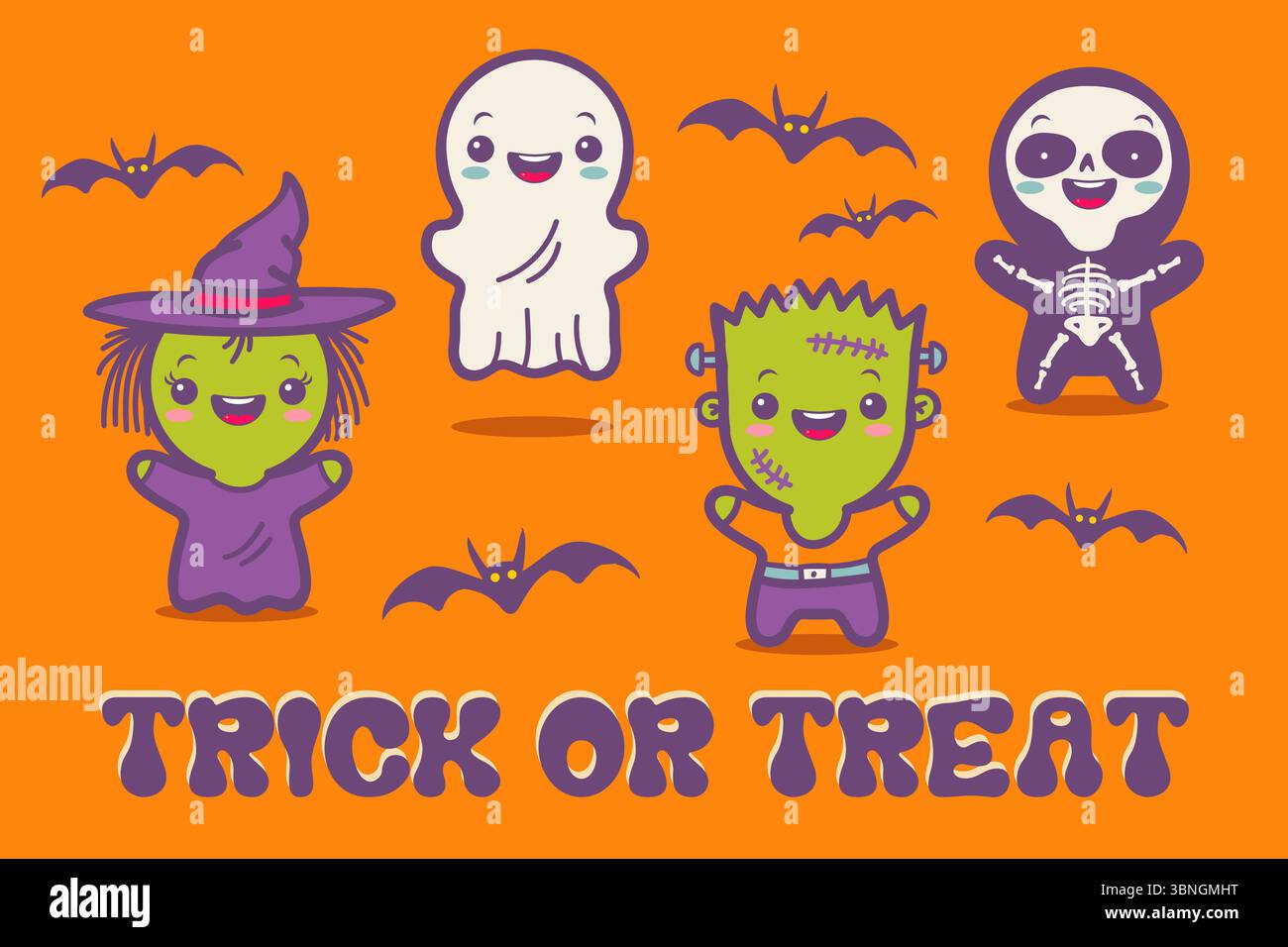 Illustration vectorielle d'enfants en costumes pour Halloween. Illustrations avec des enfants mignons dans des costumes de monstres d'Halloween. Carte vintage. Illustration de Vecteur