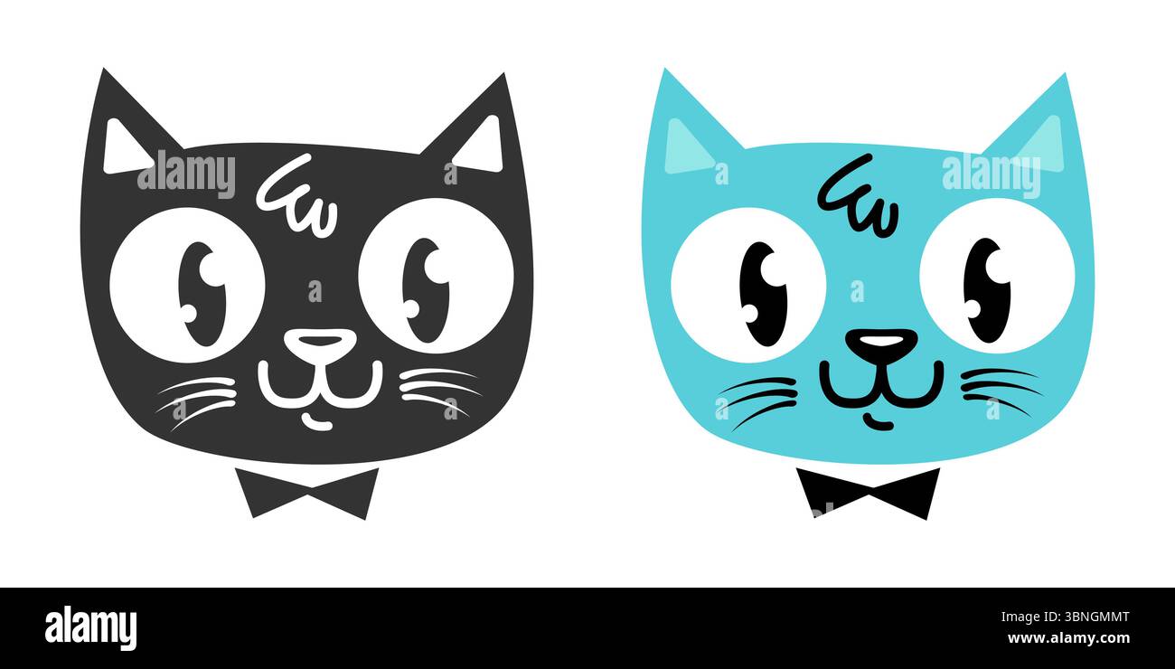 Icônes de jeu de vecteur de tête de chat dans le style de dessin animé rétro. Chat mignon dans un style vintage. Illustration de Vecteur