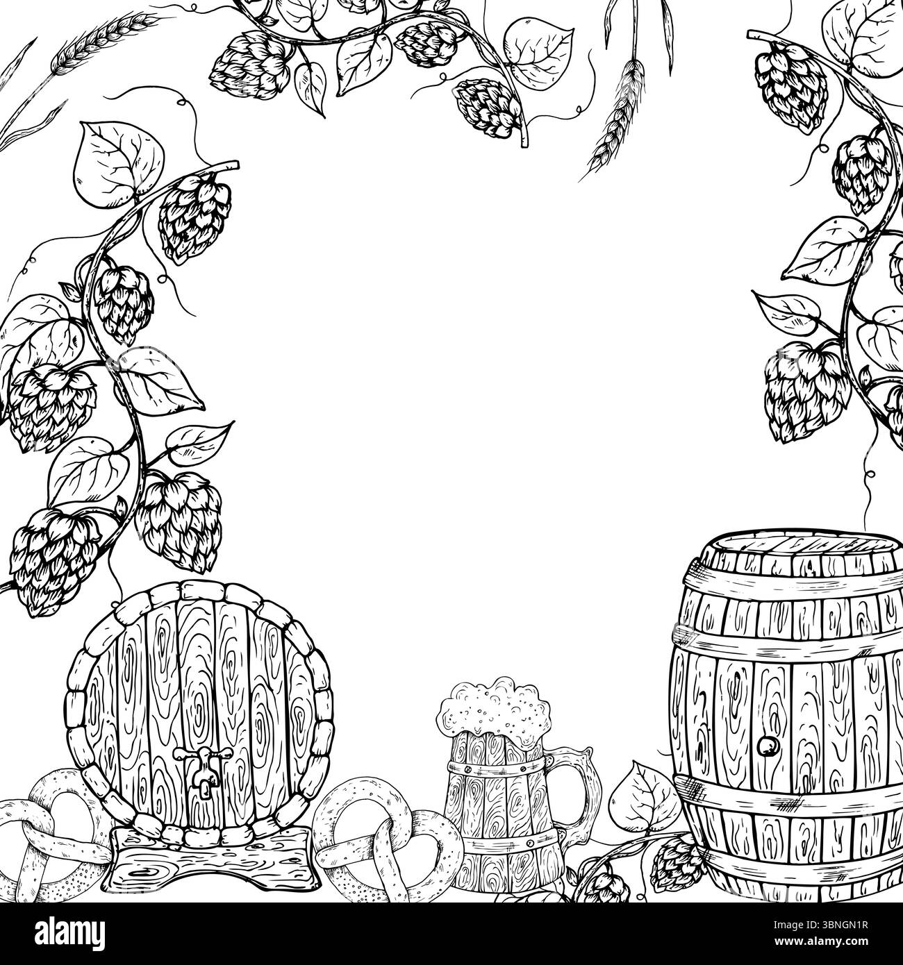 Vector Frame Oktoberfest avec verre et bouteille de bière, saucisse et houblon commun. Tonneau en bois pour la bière. Illustration graphique ALE à l'encre, humulus organique Illustration de Vecteur