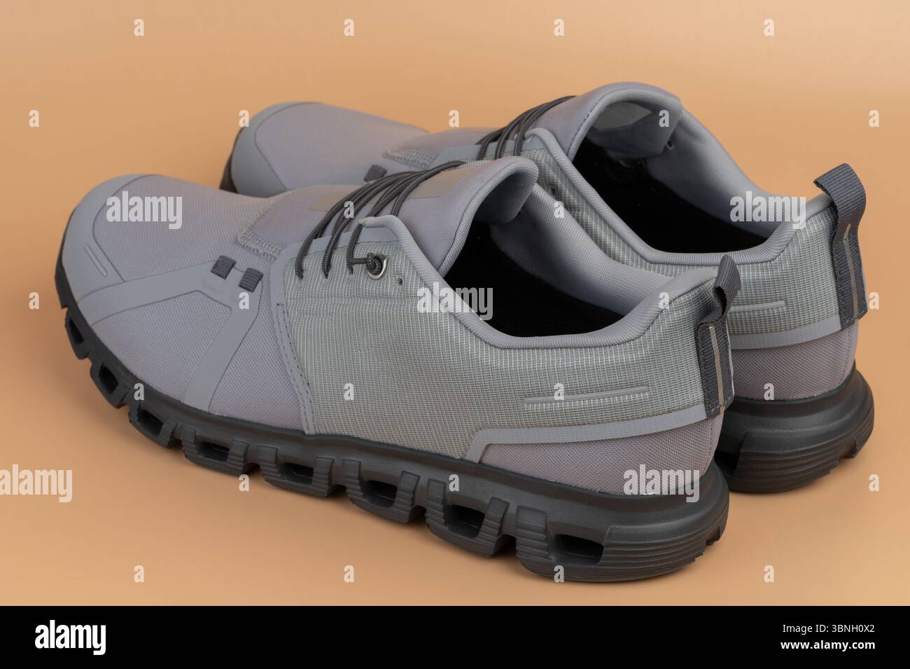 Les baskets grises présentent un design élégant, parfait pour les sorties ou les entraînements décontractés, offrant à la fois style et fonctionnalité. Banque D'Images