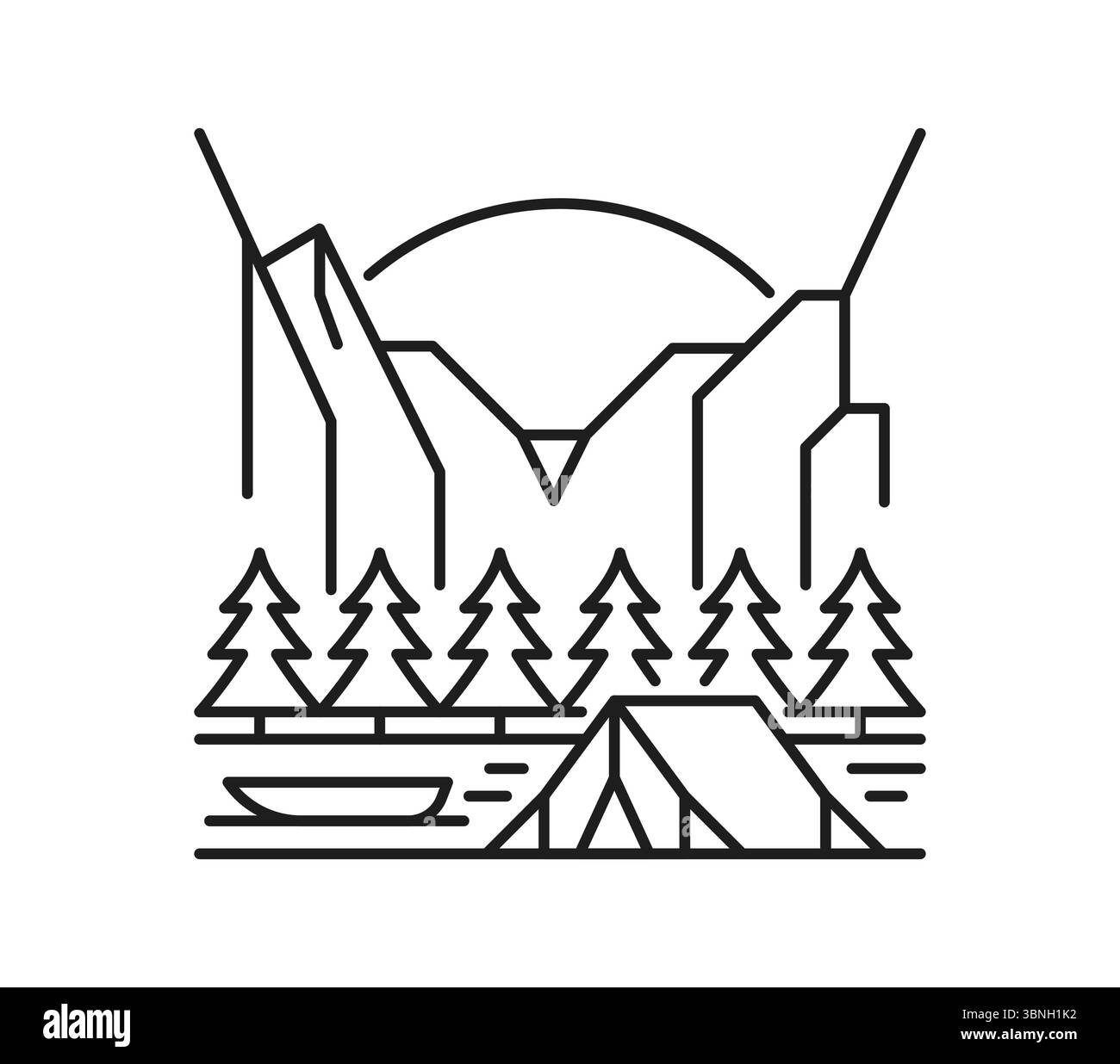 Icône ou symbole de ligne de paysage de rive de rivière de montagne. Élément d'environnement de nature sauvage ou signe vectoriel de ligne mince, symbole de paysage extérieur. Pictogramme de paysage de montagne avec coucher de soleil, arbres, bateau et tente Illustration de Vecteur