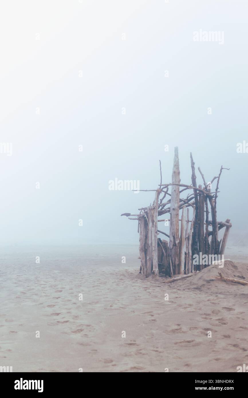 Une structure d'enfant faite de bois flotté sur une plage brumeuse. Banque D'Images
