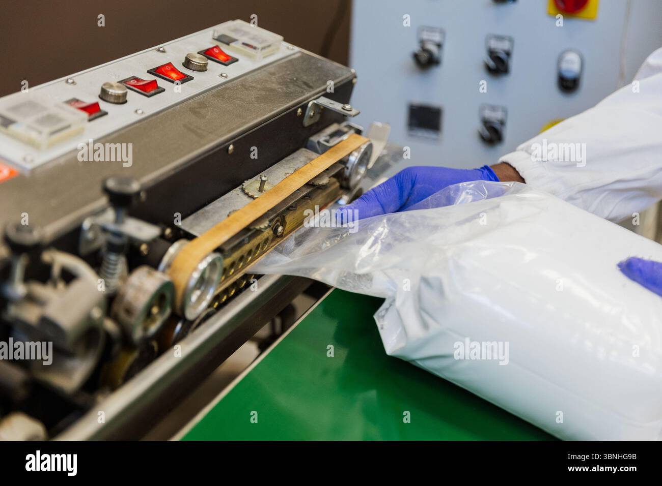 Gros plan des mains du travailleur scellant un sac de glucose avec thermoscellant dans l'entrepôt. Banque D'Images