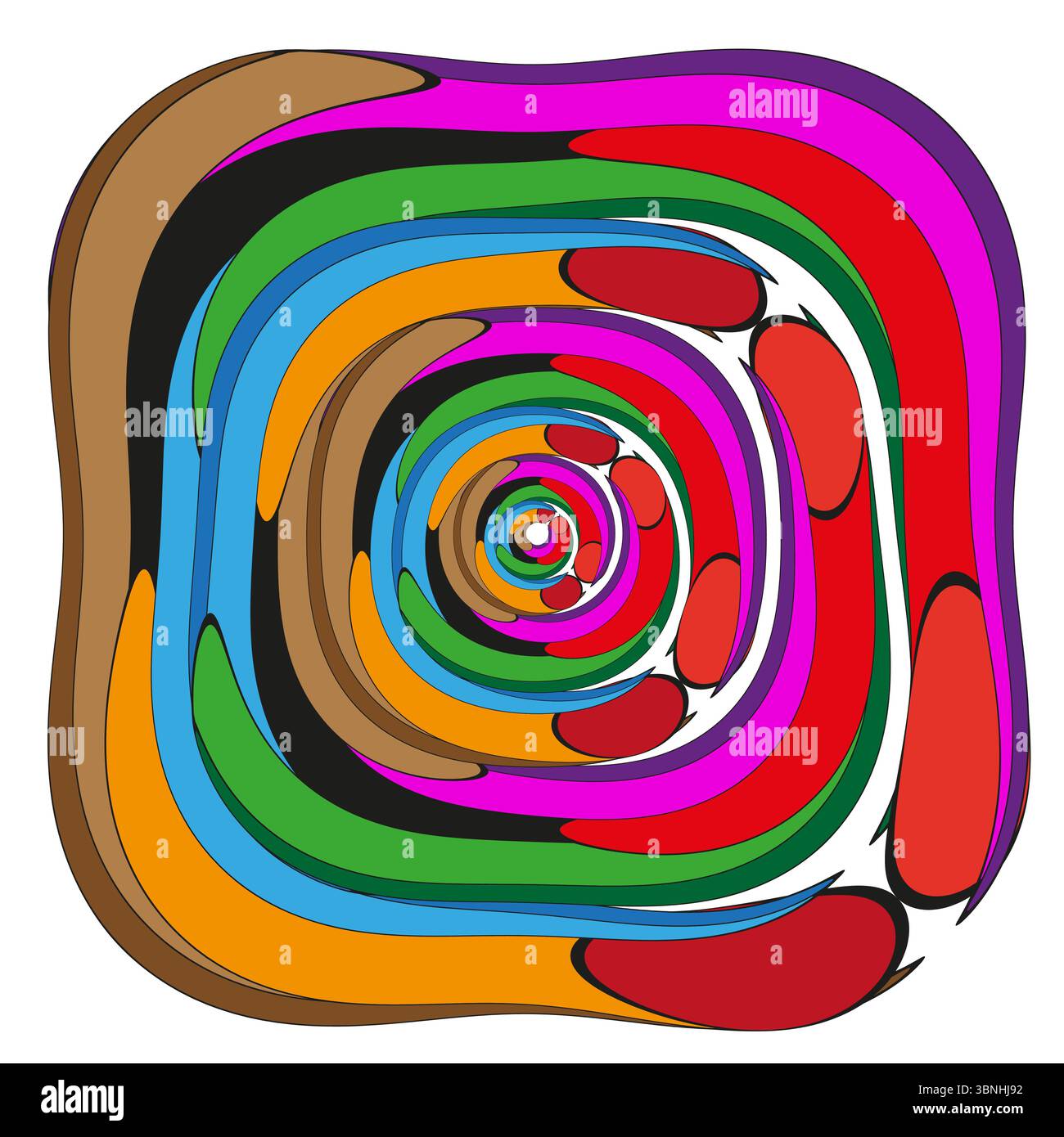 Vortex carré multicolore. Spirale psychédélique concentrique. Vecteur labyrinthique ludique. Mouvement chromatique dynamique Illustration de Vecteur