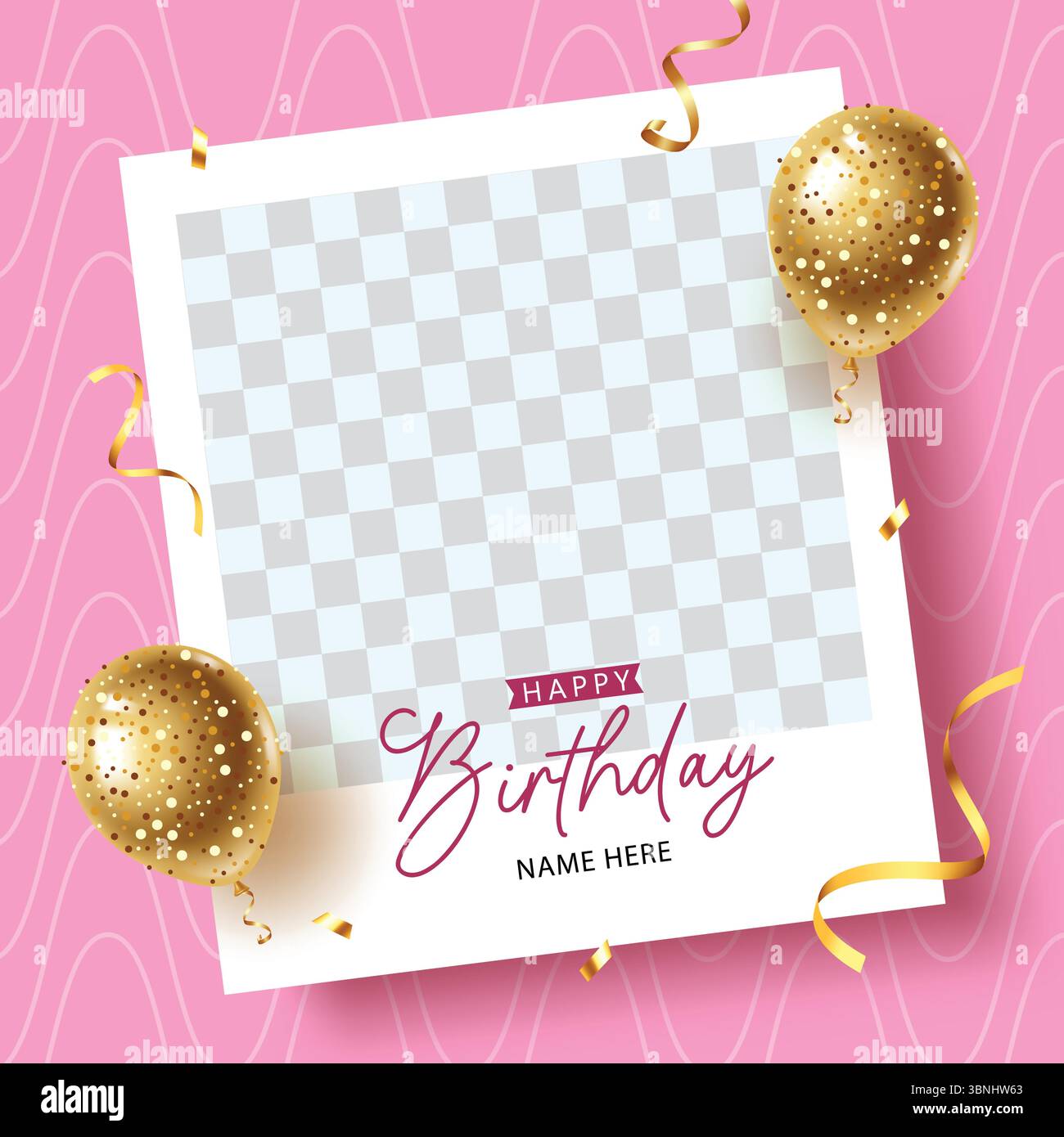 Cadre de voeux d'anniversaire rose avec ballons de confettis dorés et zone de nom modifiable pour l'insertion photo. Clipart anniversaire Illustration de Vecteur