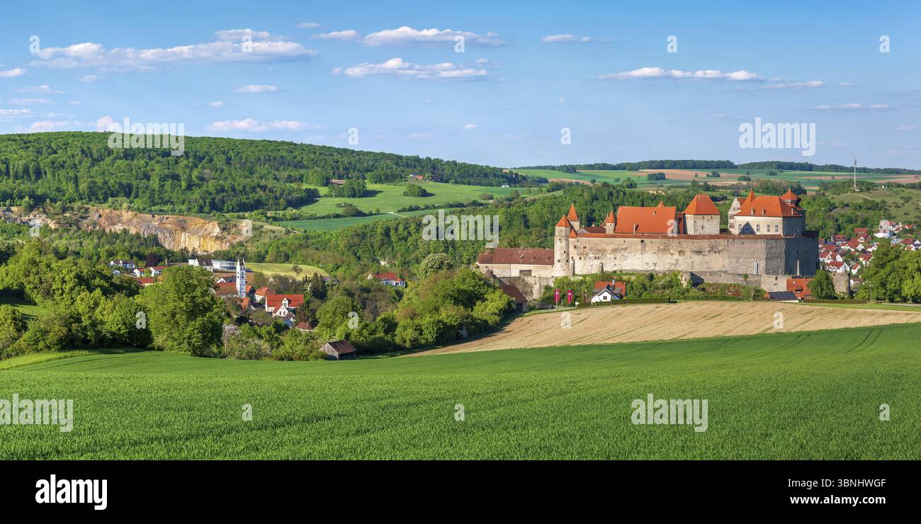 Vue sur un champ verdoyant au château de Harburg, Donau-Ries, Souabe, Bavière, Allemagne, Europe Banque D'Images