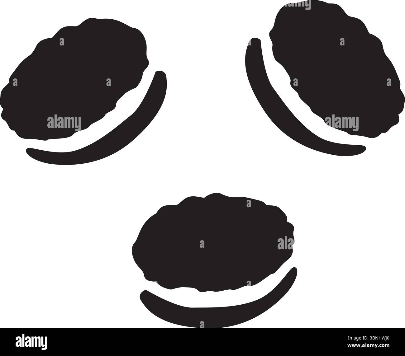 Illustration vectorielle minimale de trois biscuits sandwich de style Oreo. Parfait pour l'emballage alimentaire, les graphiques de dessert ou la conception clipart de snack noir. Illustration de Vecteur