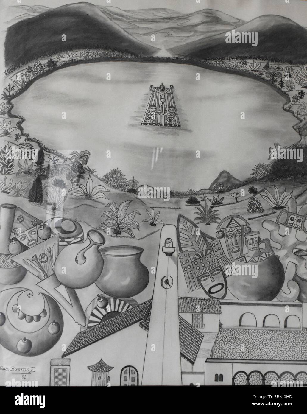 Une illustration artistique capturant la sereine Laguna de Guatavita à Cundinamarca, Colombie, mettant en valeur les éléments culturels de Muisca. Banque D'Images