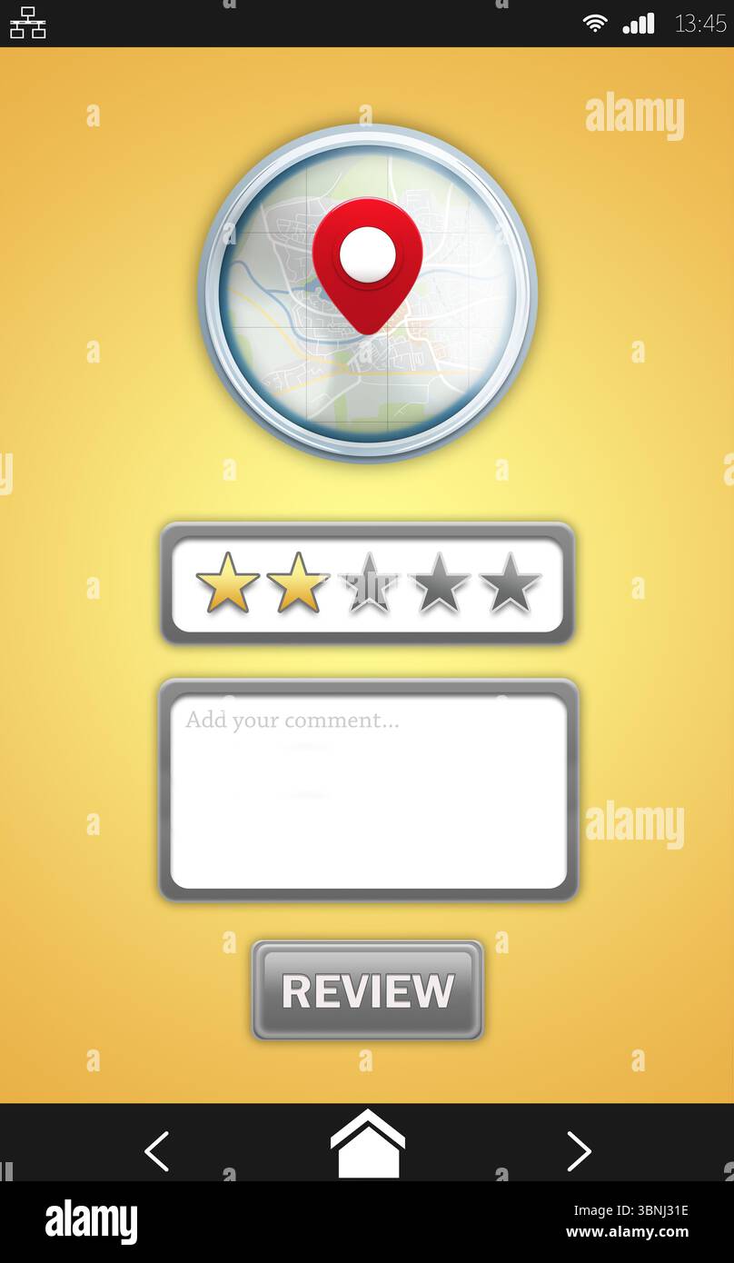 L'écran plat de révision de l'application affiche des icônes d'épingle de carte, de notation par étoiles, de commentaire, de bouton de révision et d'état Banque D'Images