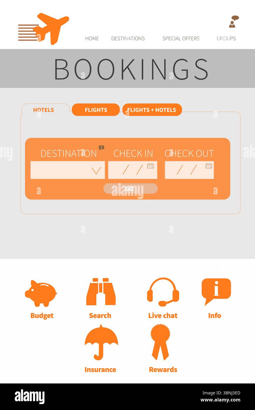 Le formulaire de réservation Orange est affiché sous forme de page Web plate, avec des champs de formulaire et des icônes orange Banque D'Images