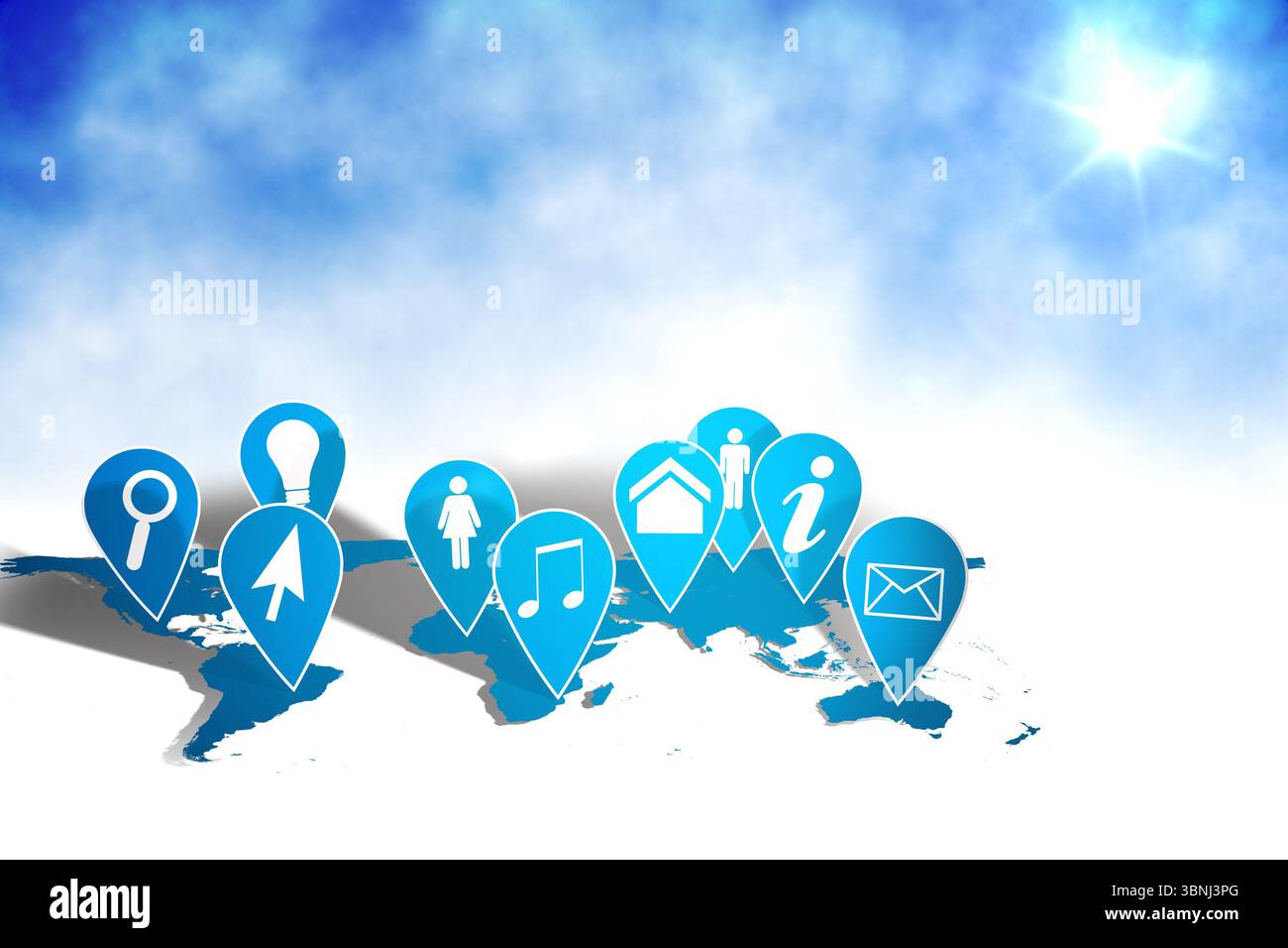 La silhouette de la carte du monde en 3D présente des icônes de marqueur de position bleues avec un éclat de soleil sur le dégradé du ciel Banque D'Images