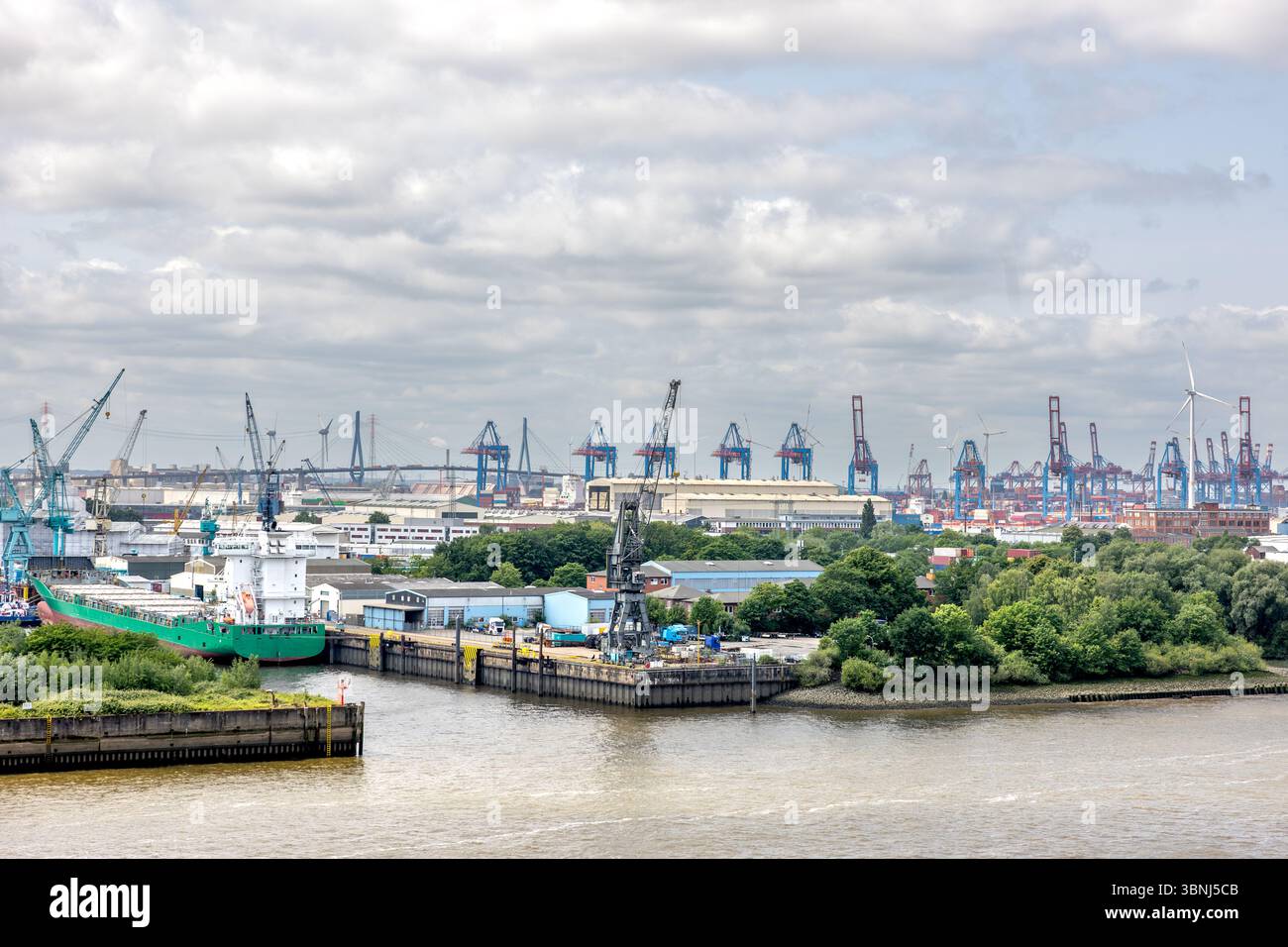 Grues portuaires. Navire de charge. Horizon industriel. Banque D'Images