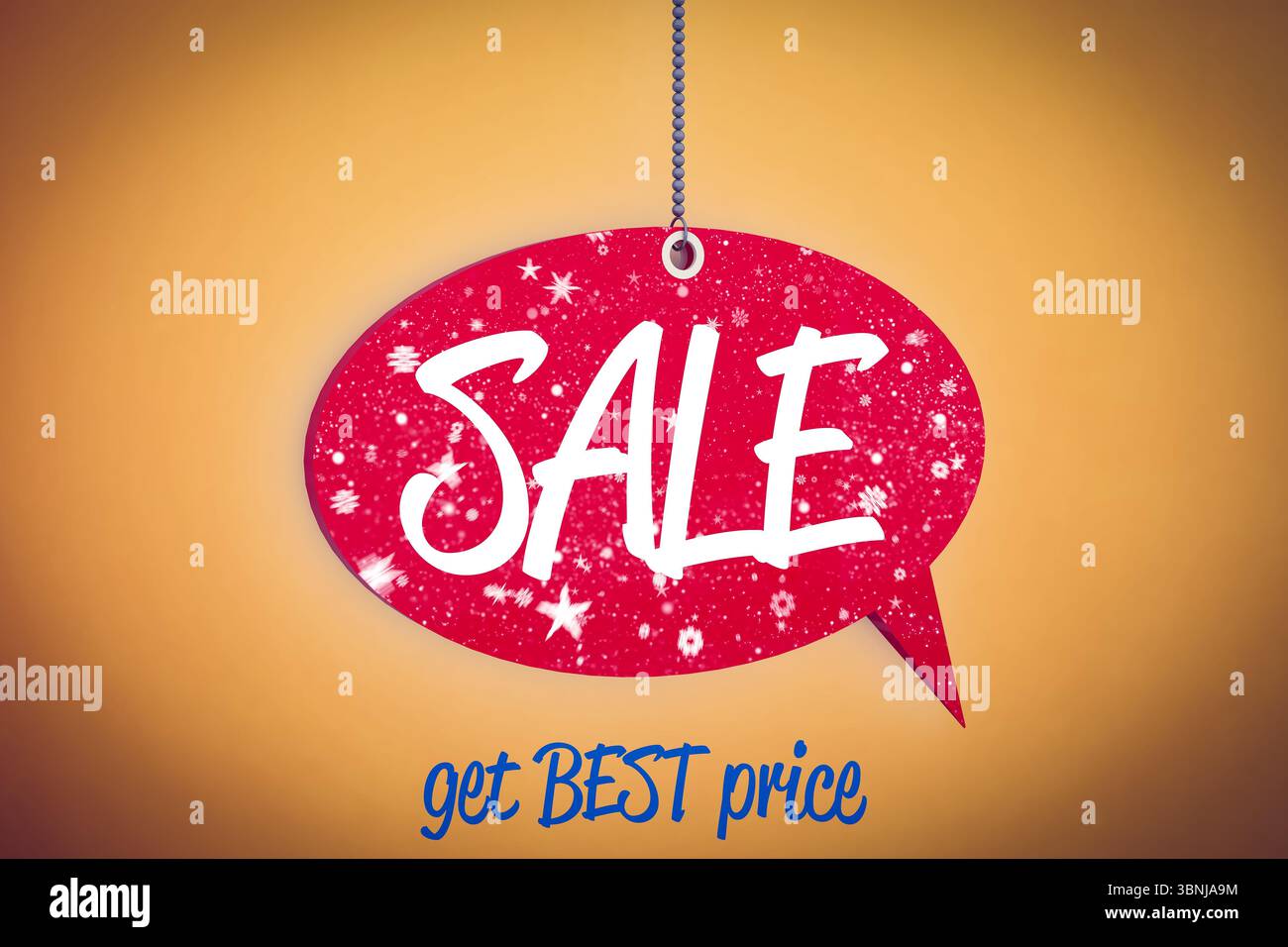 Design plat est avec bulle DE VENTE rouge sur la chaîne contre dégradé orange avec slogan, espace de copie Banque D'Images