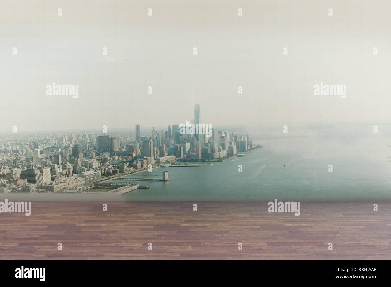 L'illustration de conception plate montre le plancher de bois donnant sur la skyline de la rivière avec des gratte-ciel et des bateaux Banque D'Images