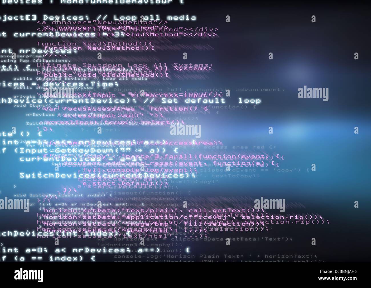 Affichage du code JavaScript C# HTML superposant un dégradé bleu flou, des éruptions lumineuses et des cercles bokeh Banque D'Images
