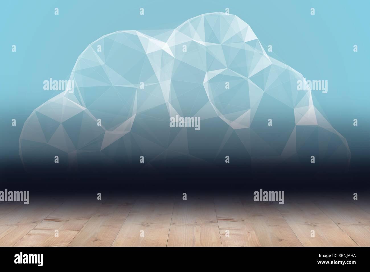 le nuage géométrique low-poly flotte sur un plancher de planche en bois avec un fond dégradé bleu cyan Banque D'Images