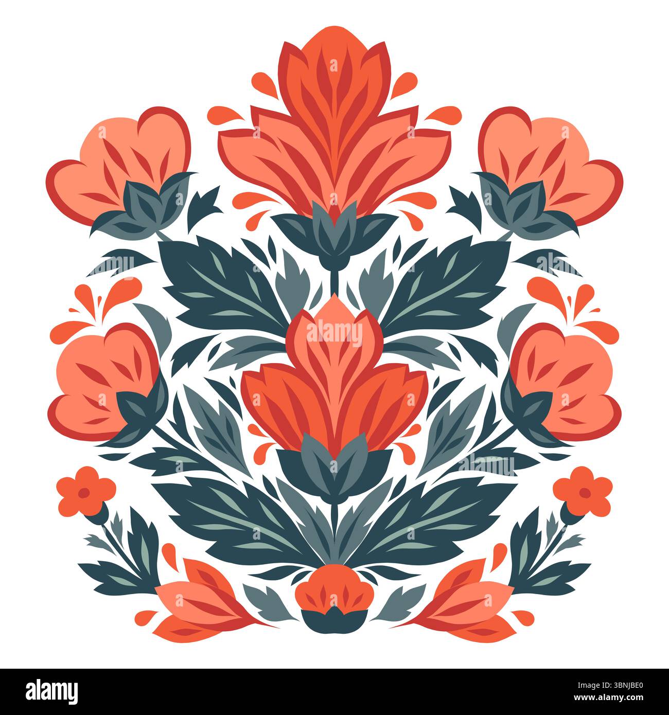 Clip art décoratif vectoriel de l'arrangement floral. Fleurs stylisées symétriques pour cartes et invitations. Floraison estivale Illustration de Vecteur