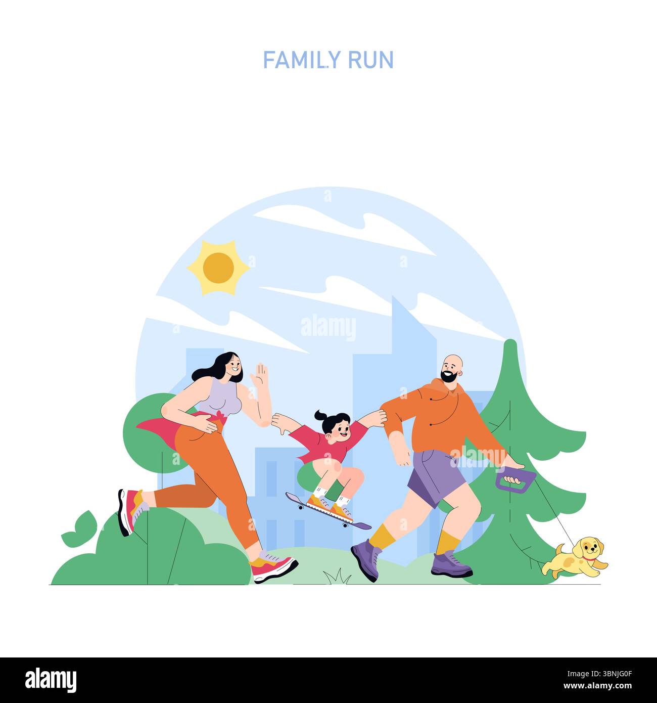 Concept de la Journée mondiale de la course à pied. Famille passant du temps à l'extérieur courir ensemble dans le parc de la ville sous le temps ensoleillé avec enfant sur skateboard et chien, favorisant un mode de vie sain et l'unité. Illustration vectorielle. Illustration de Vecteur