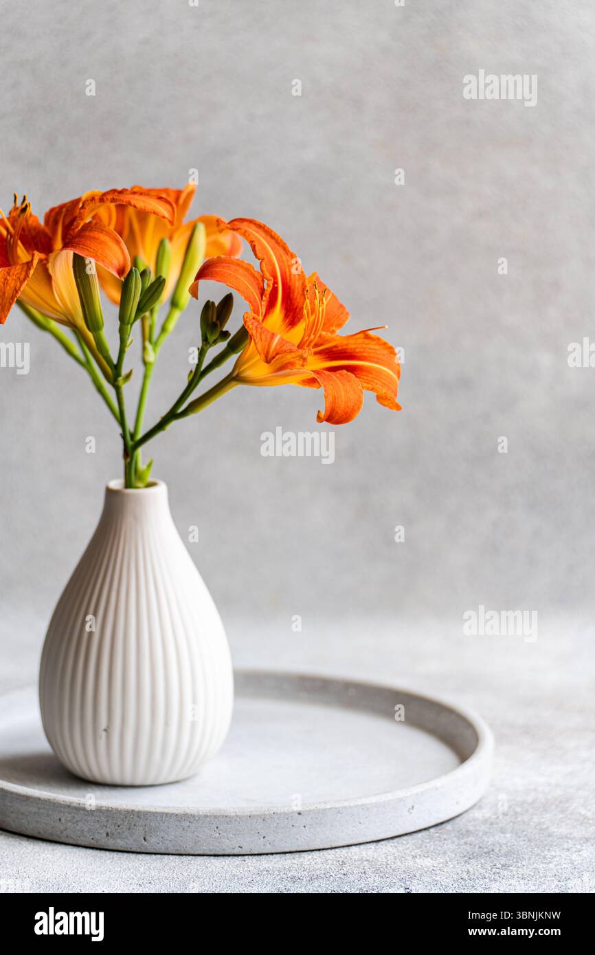 Fleurs de Lily tigre orange vif disposées dans un élégant vase en céramique blanche sur un plateau gris minimaliste, créant un décor intérieur serein et élégant di Banque D'Images