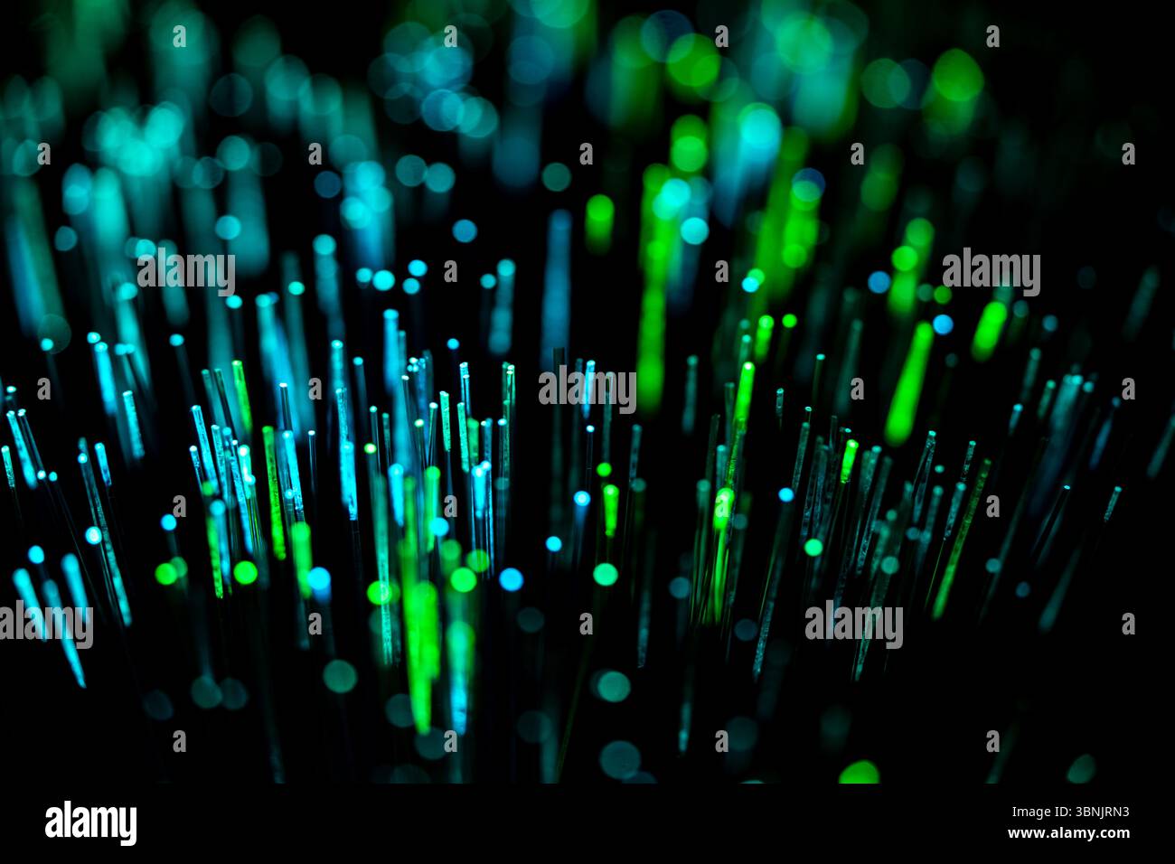 Un affichage fascinant de brins de fibres optiques illuminés, mettant en valeur des teintes vertes et bleues vibrantes sur un fond sombre, symbolisant la techn moderne Banque D'Images