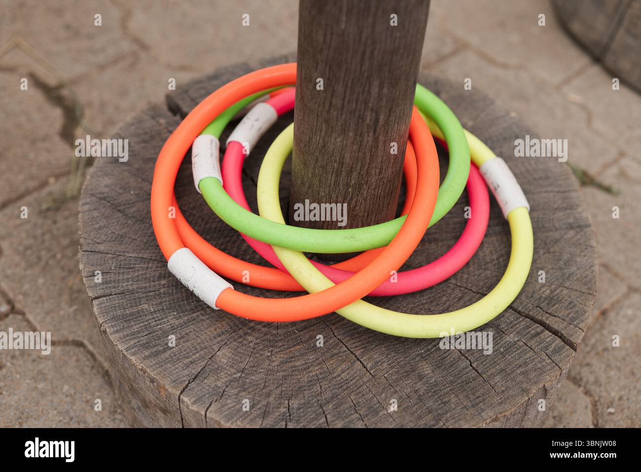 Des anneaux oranges, roses, jaunes et verts vibrants reposent sur une souche de bois, créant un cadre d'activités de plein air ludique. Parfait pour les jeux de jardin, fitness R Banque D'Images