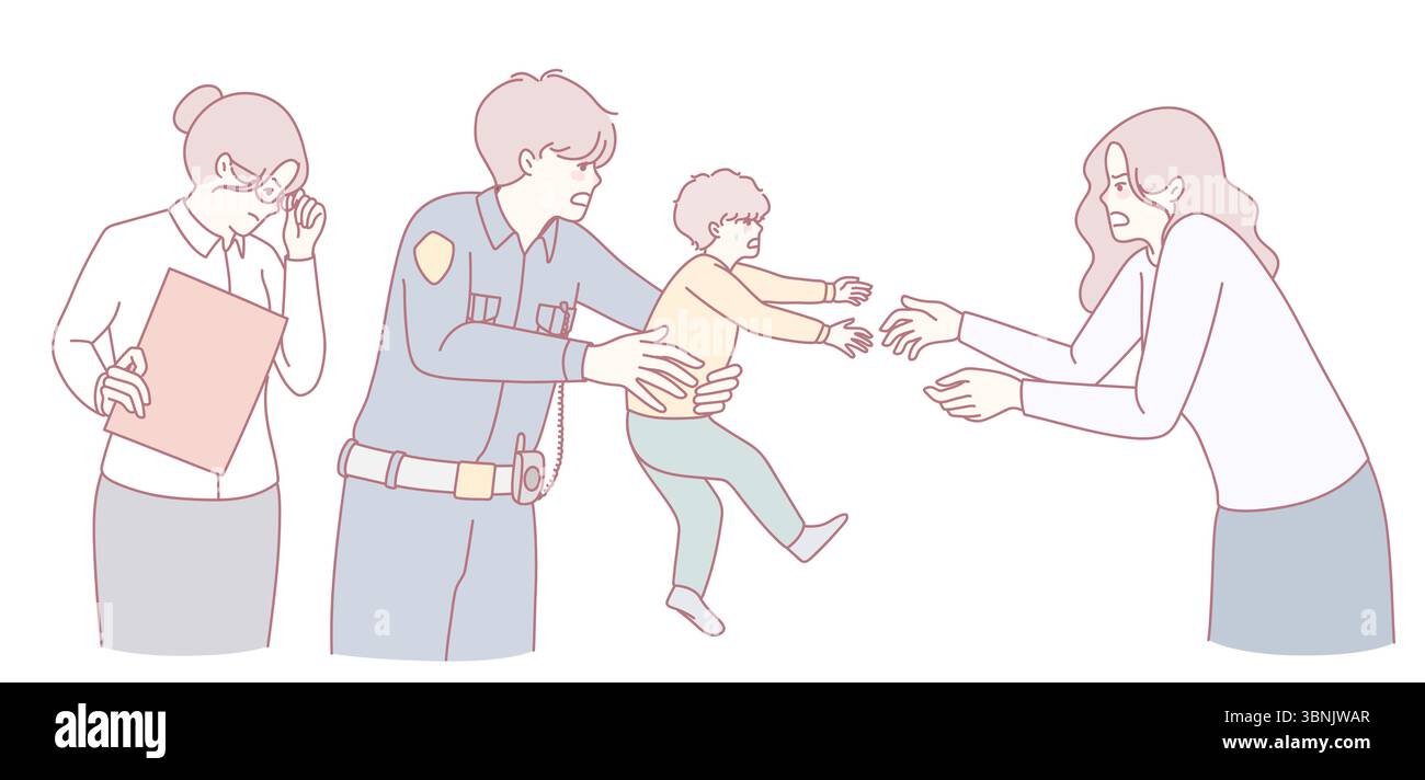 Il s'agit d'une représentation visuelle d'une situation complexe de garde d'enfants avec les parents et un policier impliqués Illustration de Vecteur